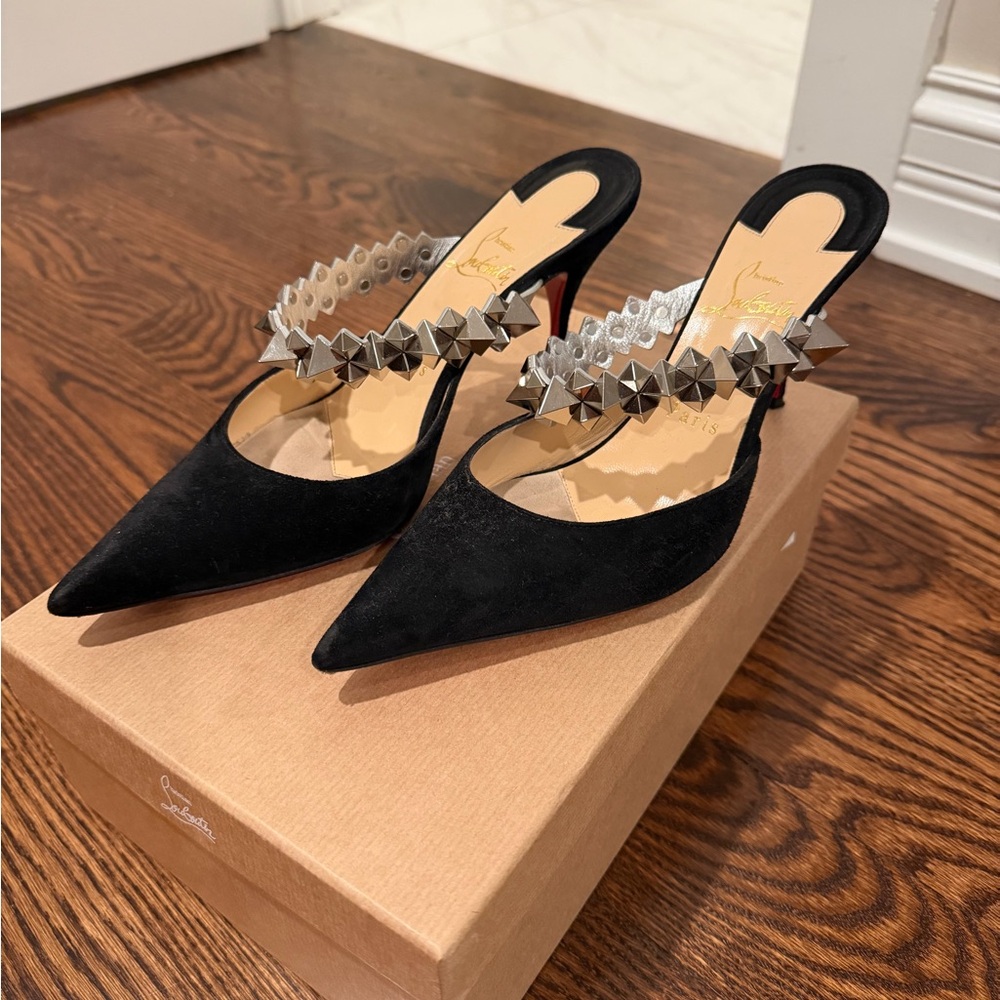 Christian Louboutin Black Suede Pointed Stud-Detail Mules